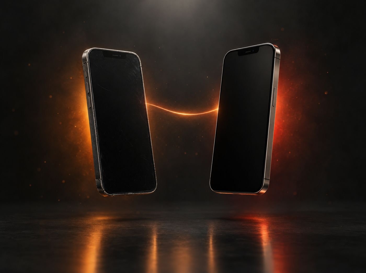Dos iPhones flotando unidos por una línea de luz naranja