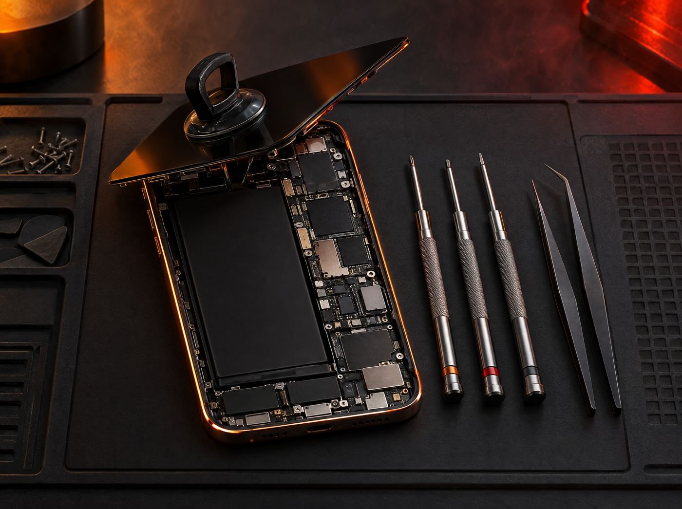 iPhone abierto sobre una mesa de reparación con herramientas de precisión